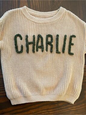 Cream Knit Sweater with Green 'CHARLIE' Lettering